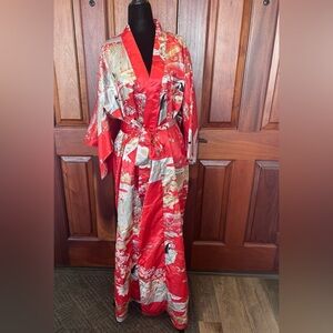 Ichi Ban Kimono Made In Japan Red Floral Geisha Kanji Satin Feel Robe 56” VTG